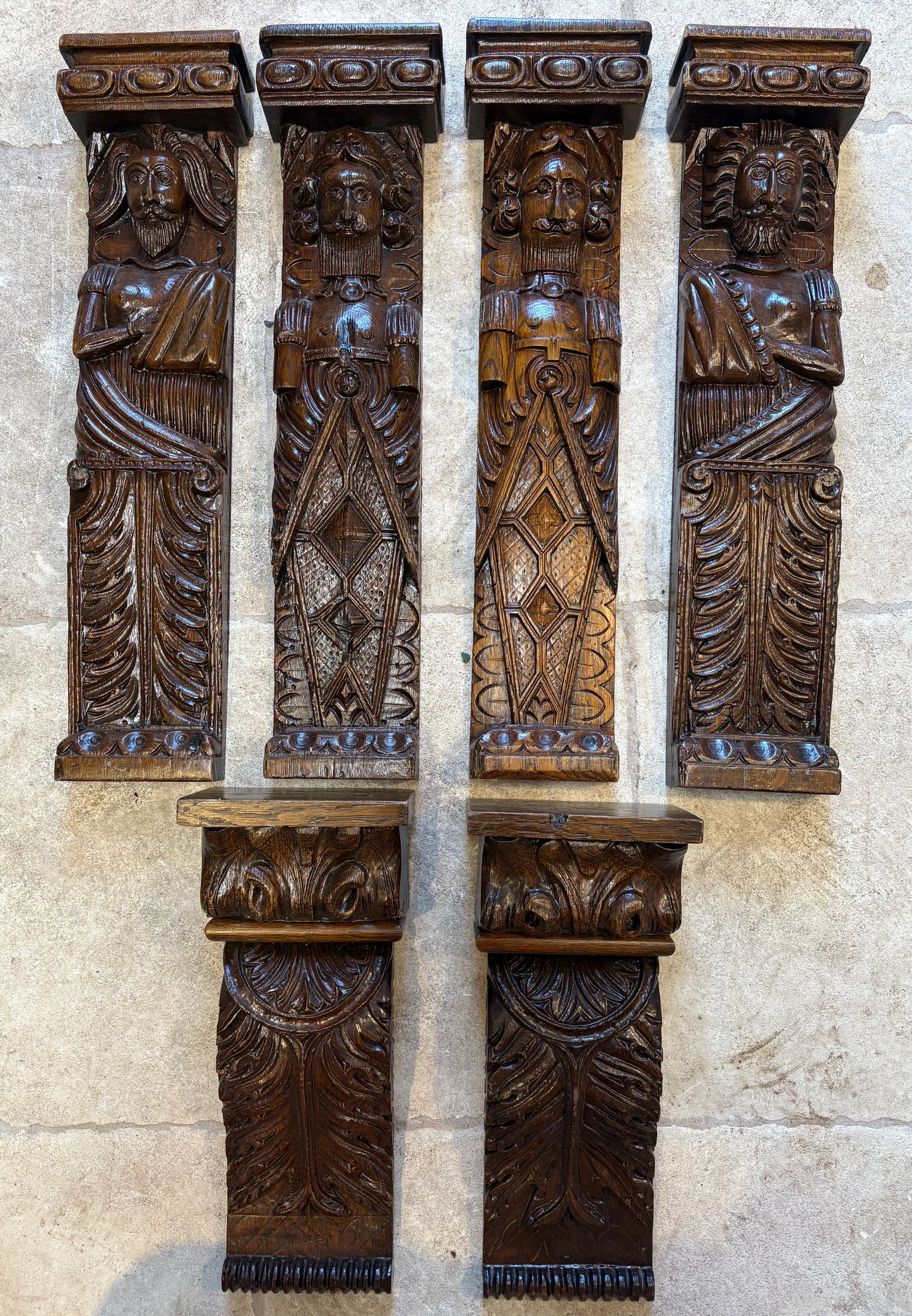 Set of Six 18th-Century Carved Oak Architectural Mounts