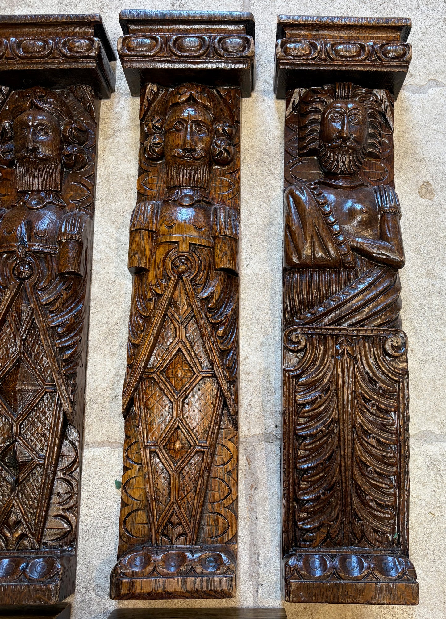 Set of Six 18th-Century Carved Oak Architectural Mounts