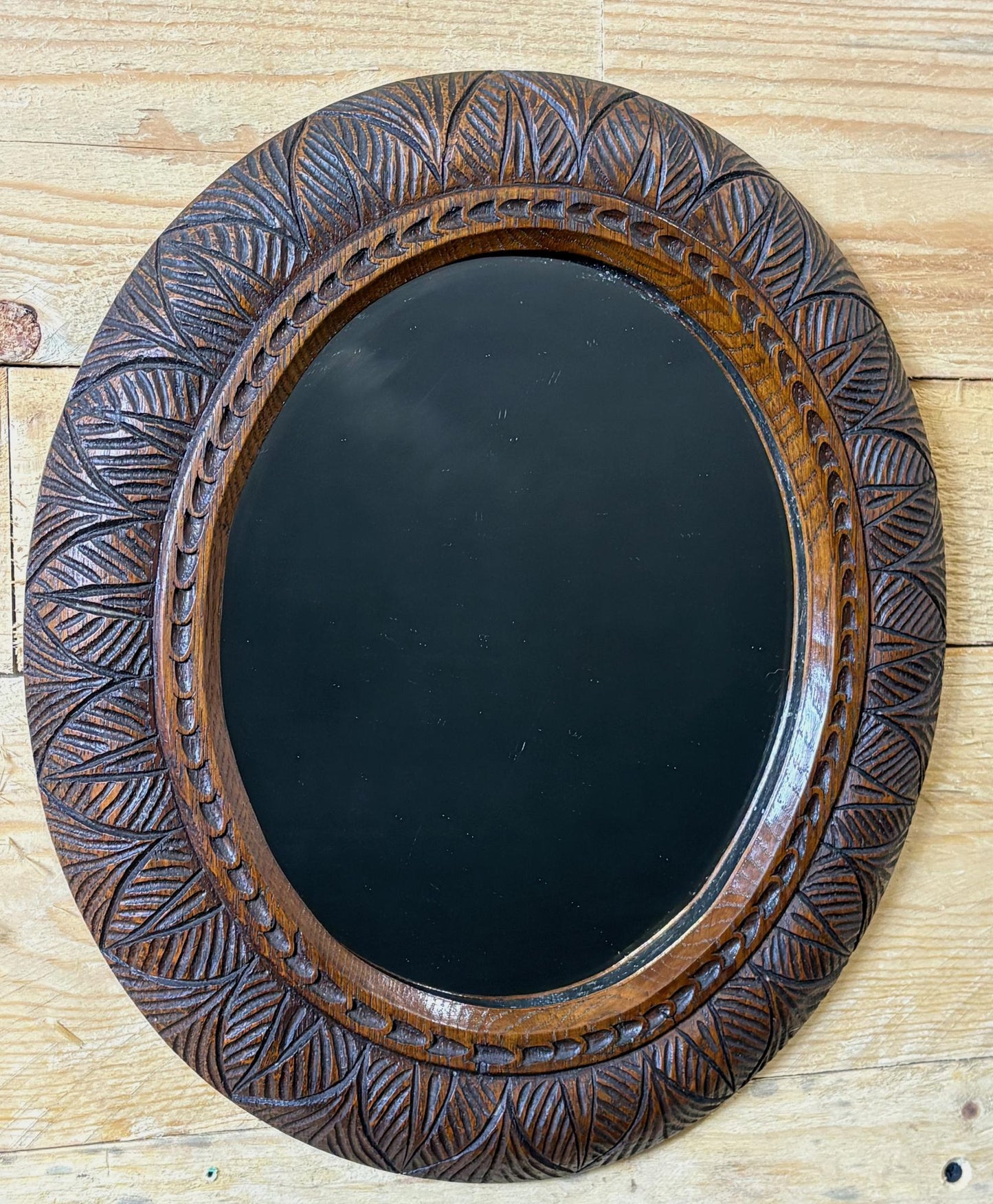 Arts & Crafts Hand‑Carved Oak Oval Mirror