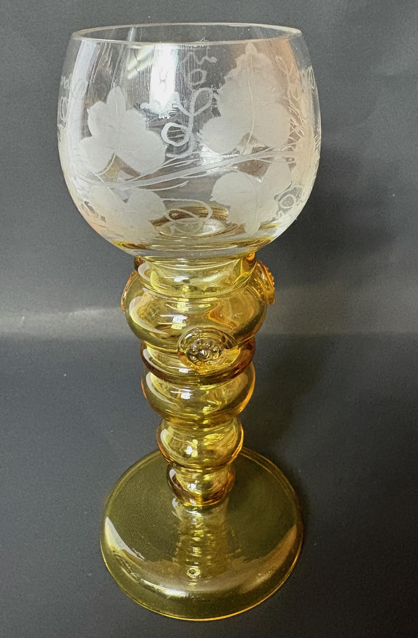 Early 20th Century Honeycomb Amber Glass Bowl & Roemer Wine Glass Pair – Etched Yellow Stem Vintage Table Set