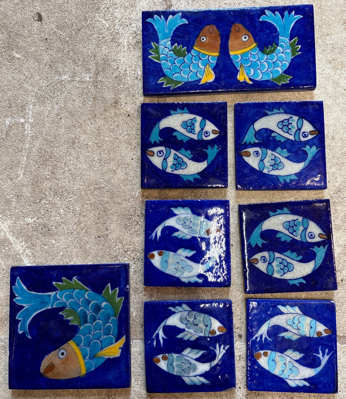 Set of 9 Hand-Painted Persian/Jaipur-Style Fish Tiles – Cobalt Ground