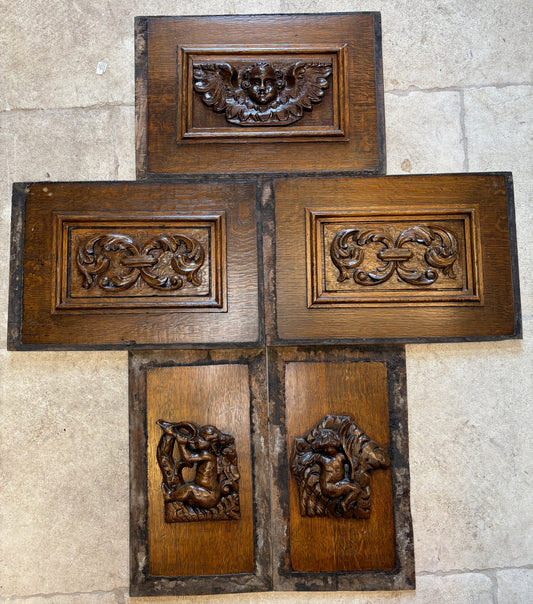 Set of Five 18th-Century Carved Oak Panels – Cherub & Putti