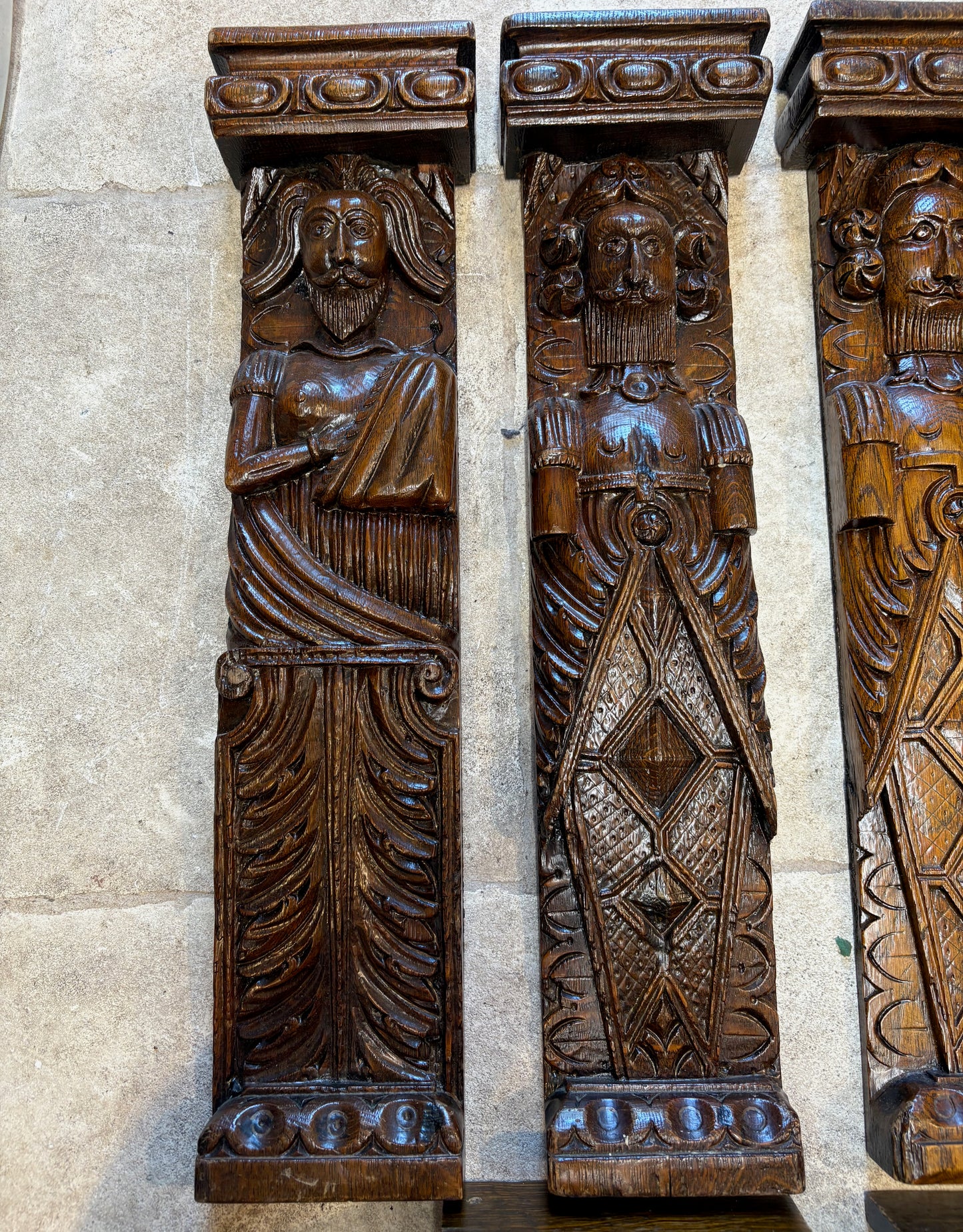 Set of Six 18th-Century Carved Oak Architectural Mounts