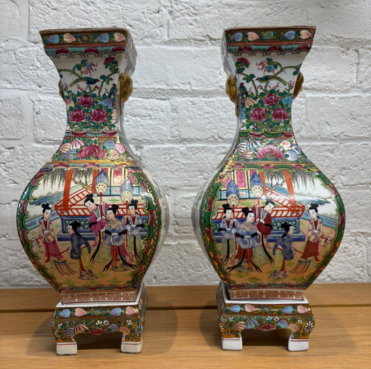 Pair of Late 20th‑Century Chinese Famille Rose Vases on Porcelain Stands