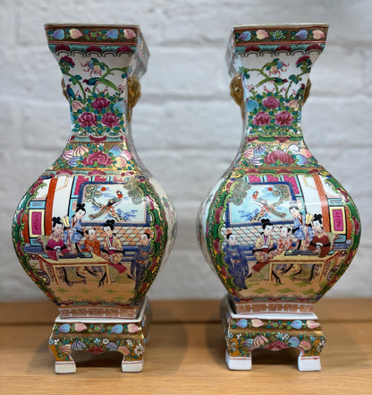 Pair of Late 20th‑Century Chinese Famille Rose Vases on Porcelain Stands