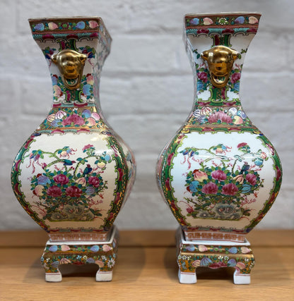 Pair of Late 20th‑Century Chinese Famille Rose Vases on Porcelain Stands