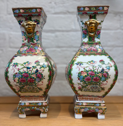 Pair of Late 20th‑Century Chinese Famille Rose Vases on Porcelain Stands