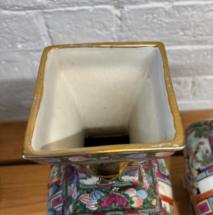 Pair of Late 20th‑Century Chinese Famille Rose Vases on Porcelain Stands