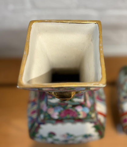 Pair of Late 20th‑Century Chinese Famille Rose Vases on Porcelain Stands