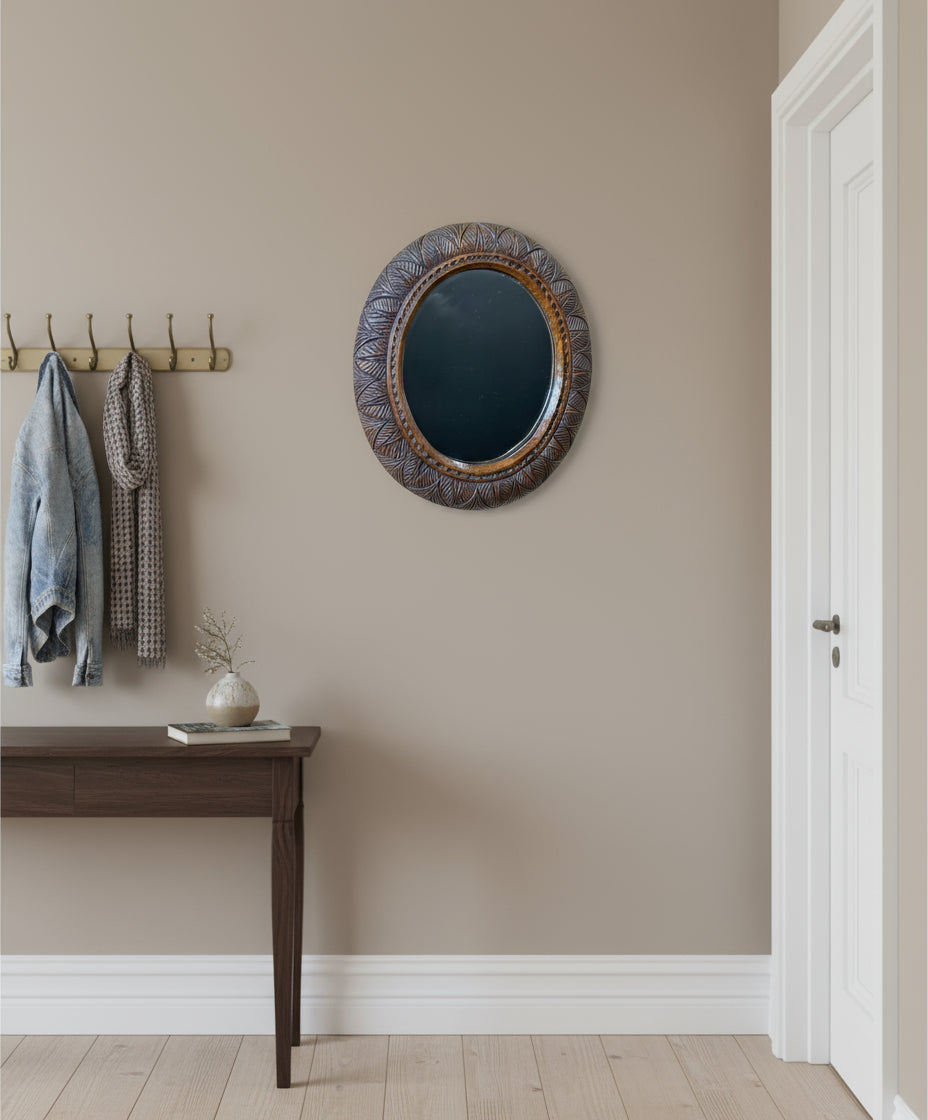 Arts & Crafts Hand‑Carved Oak Oval Mirror