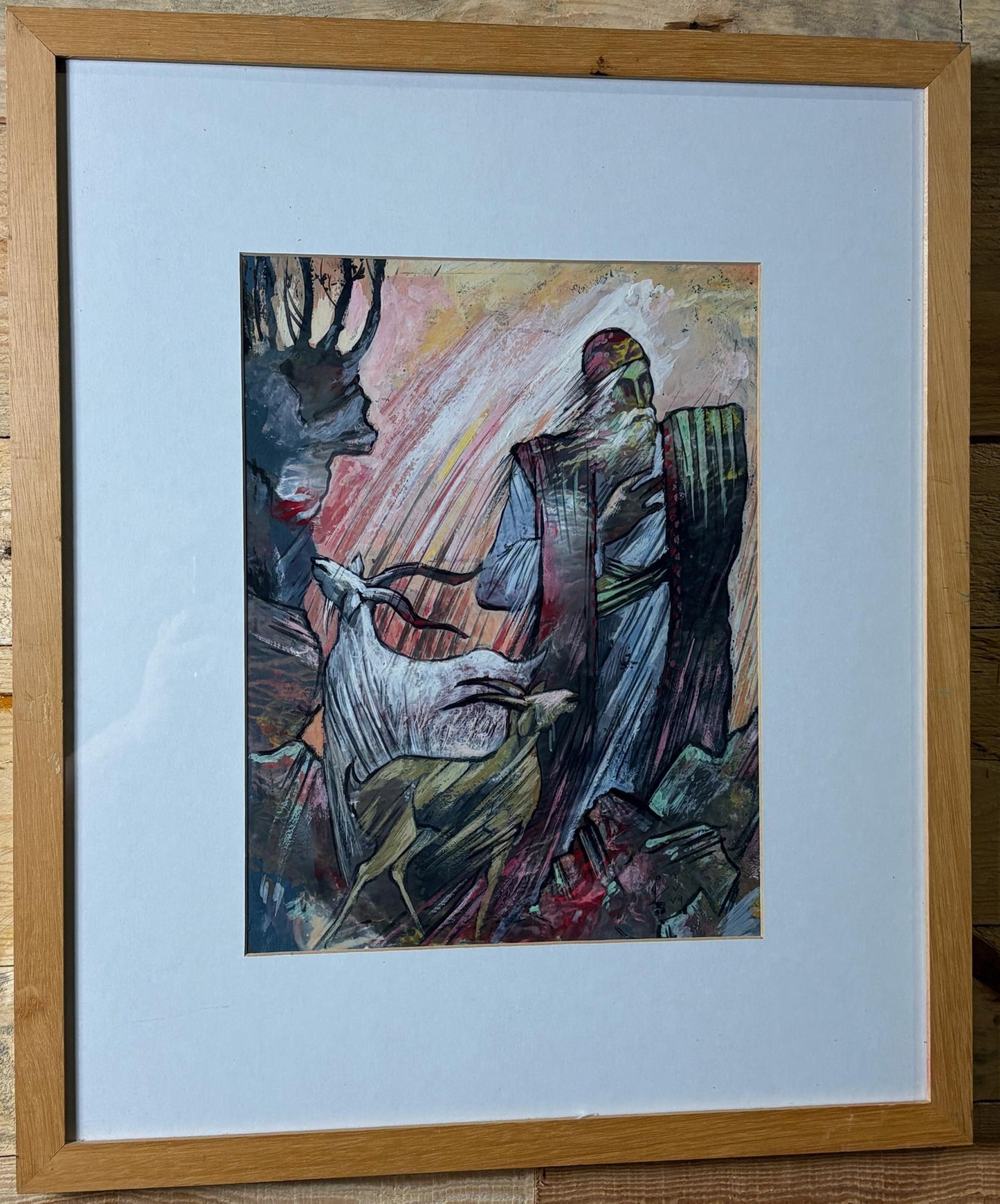 Mohsen Keiany (Kiani), “Old Man and Goats” – Early Mixed‑Media on Paper, Signed, Framed