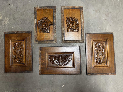 Set of Five 18th‑Century Carved Oak Panels – Cherub & Putti