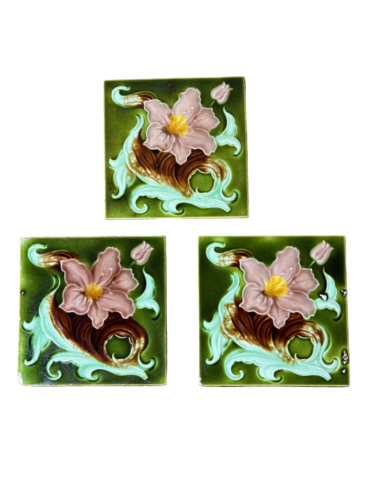 Set of 3 Art Nouveau Relief-Moulded Fireplace Tiles – Pink Clematis on  c.1900