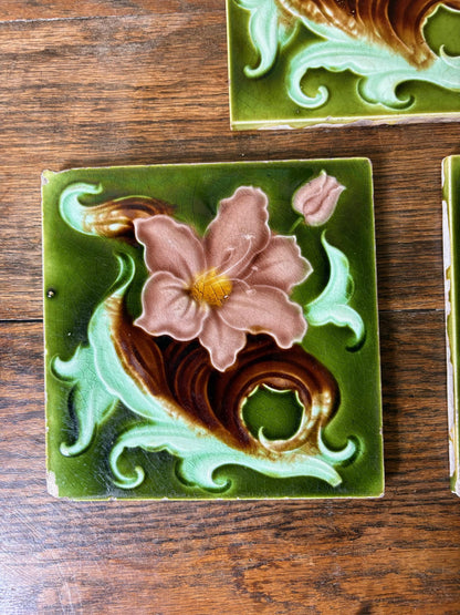 Set of 3 Art Nouveau Relief-Moulded Fireplace Tiles – Pink Clematis on  c.1900