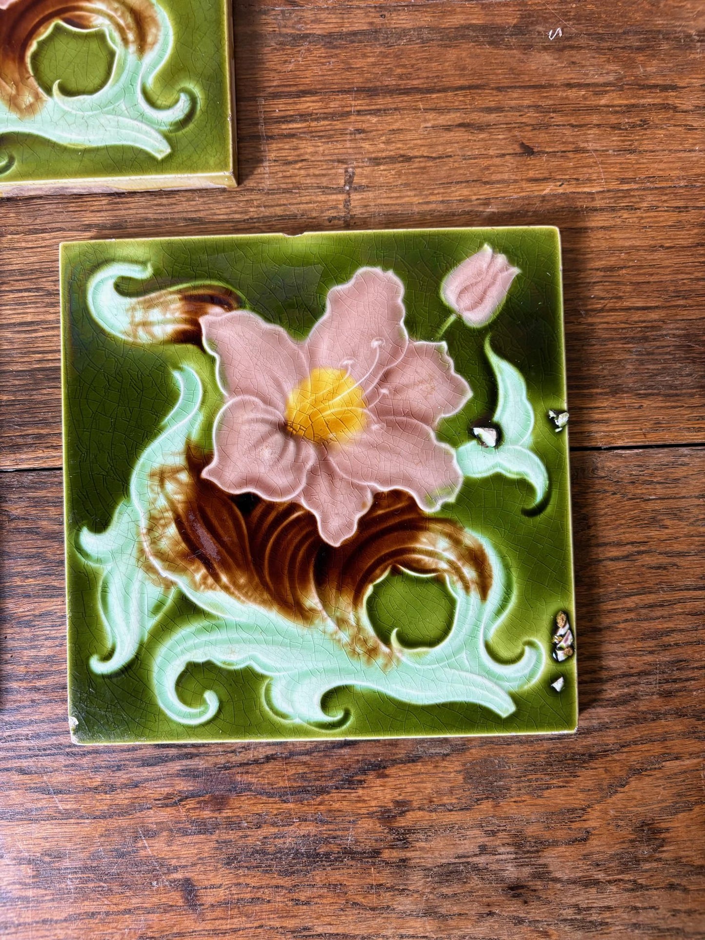Set of 3 Art Nouveau Relief-Moulded Fireplace Tiles – Pink Clematis on  c.1900