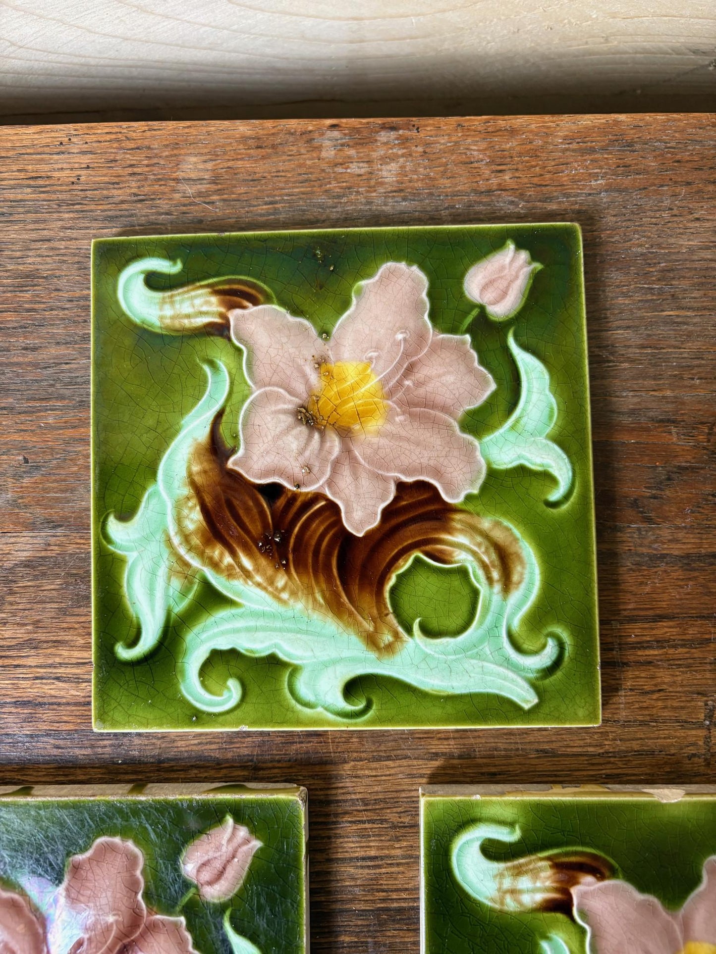 Set of 3 Art Nouveau Relief-Moulded Fireplace Tiles – Pink Clematis on  c.1900