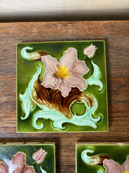 Set of 3 Art Nouveau Relief-Moulded Fireplace Tiles – Pink Clematis on  c.1900