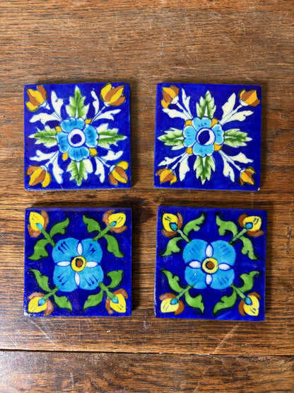 Set of 4 Hand‑Painted Persian/Jaipur‑Style Floral Tiles on Cobalt Blue, 7.5 cm