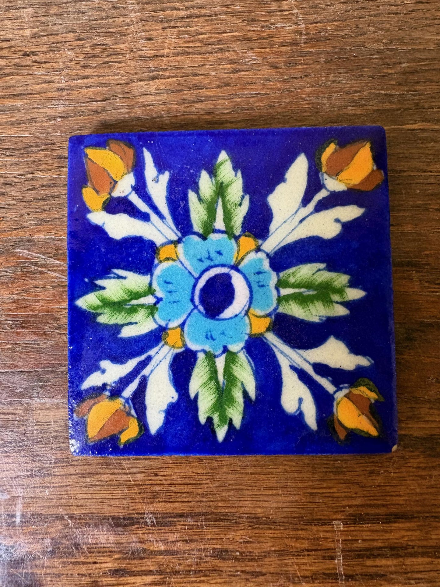 Set of 4 Hand‑Painted Persian/Jaipur‑Style Floral Tiles on Cobalt Blue, 7.5 cm