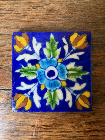 Set of 4 Hand‑Painted Persian/Jaipur‑Style Floral Tiles on Cobalt Blue, 7.5 cm