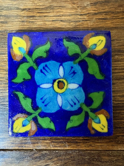 Set of 4 Hand‑Painted Persian/Jaipur‑Style Floral Tiles on Cobalt Blue, 7.5 cm