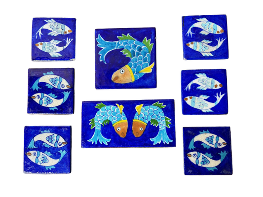 Set of 8 Hand‑Painted Jaipur Blue Pottery “Fish” Tiles, Cobalt Ground