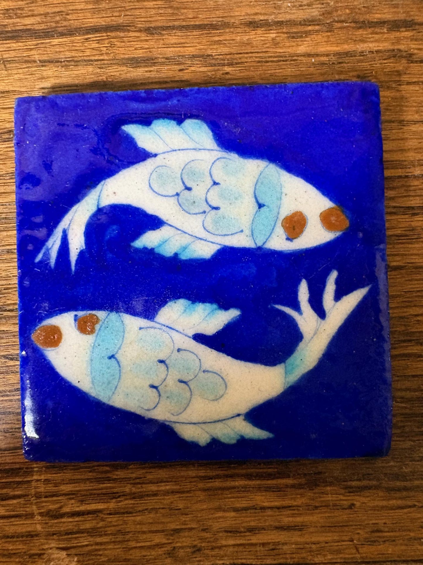 Set of 8 Hand‑Painted Jaipur Blue Pottery “Fish” Tiles, Cobalt Ground