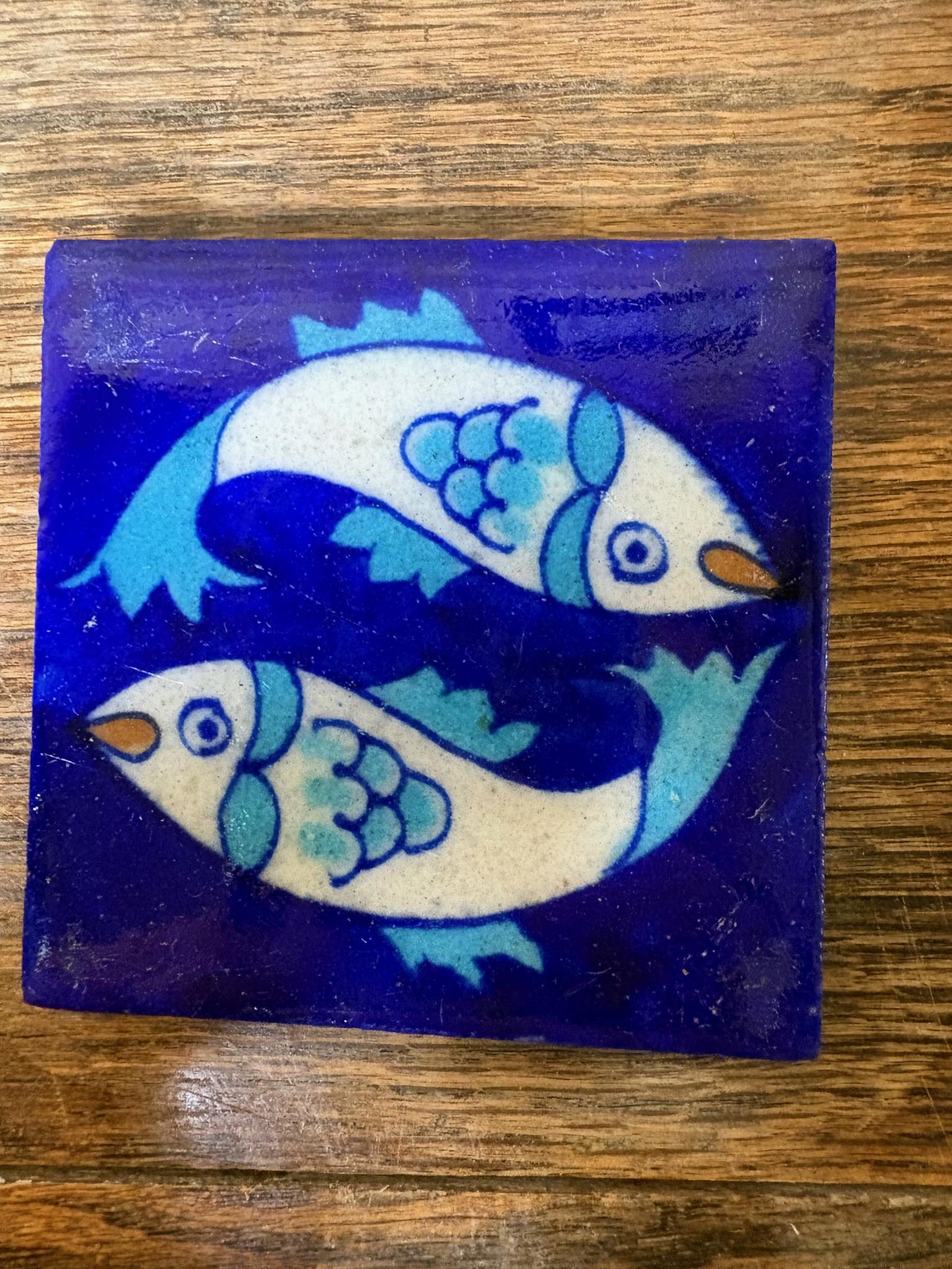 Set of 8 Hand‑Painted Jaipur Blue Pottery “Fish” Tiles, Cobalt Ground