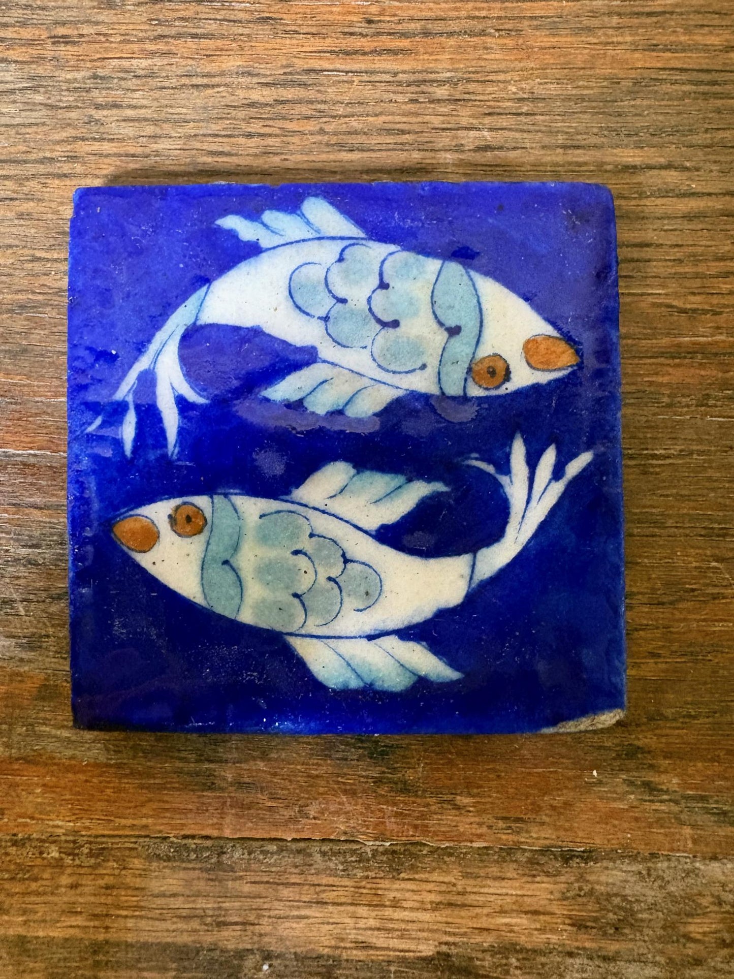Set of 8 Hand‑Painted Jaipur Blue Pottery “Fish” Tiles, Cobalt Ground