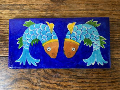 Set of 8 Hand‑Painted Jaipur Blue Pottery “Fish” Tiles, Cobalt Ground