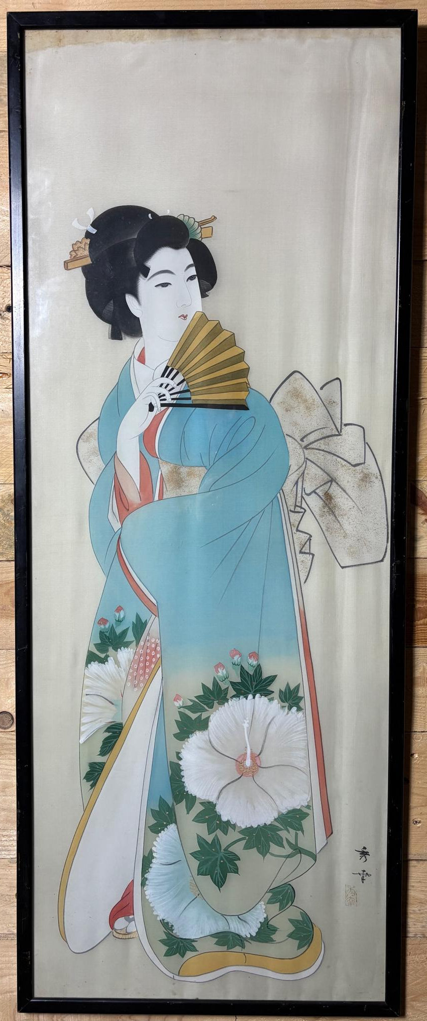 Large Signed Japanese Silk Painting of a Beauty with Fan, c. 1930–60