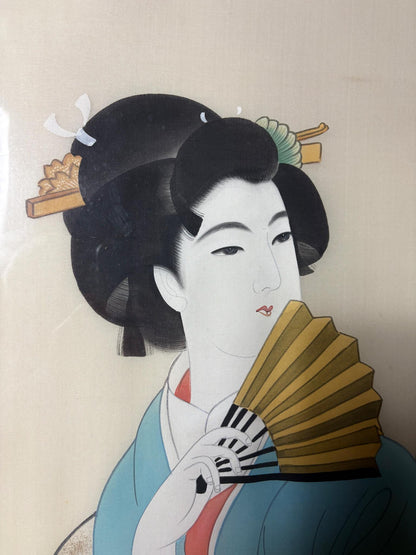 Large Signed Japanese Silk Painting of a Beauty with Fan, c. 1930–60
