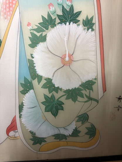 Large Signed Japanese Silk Painting of a Beauty with Fan, c. 1930–60
