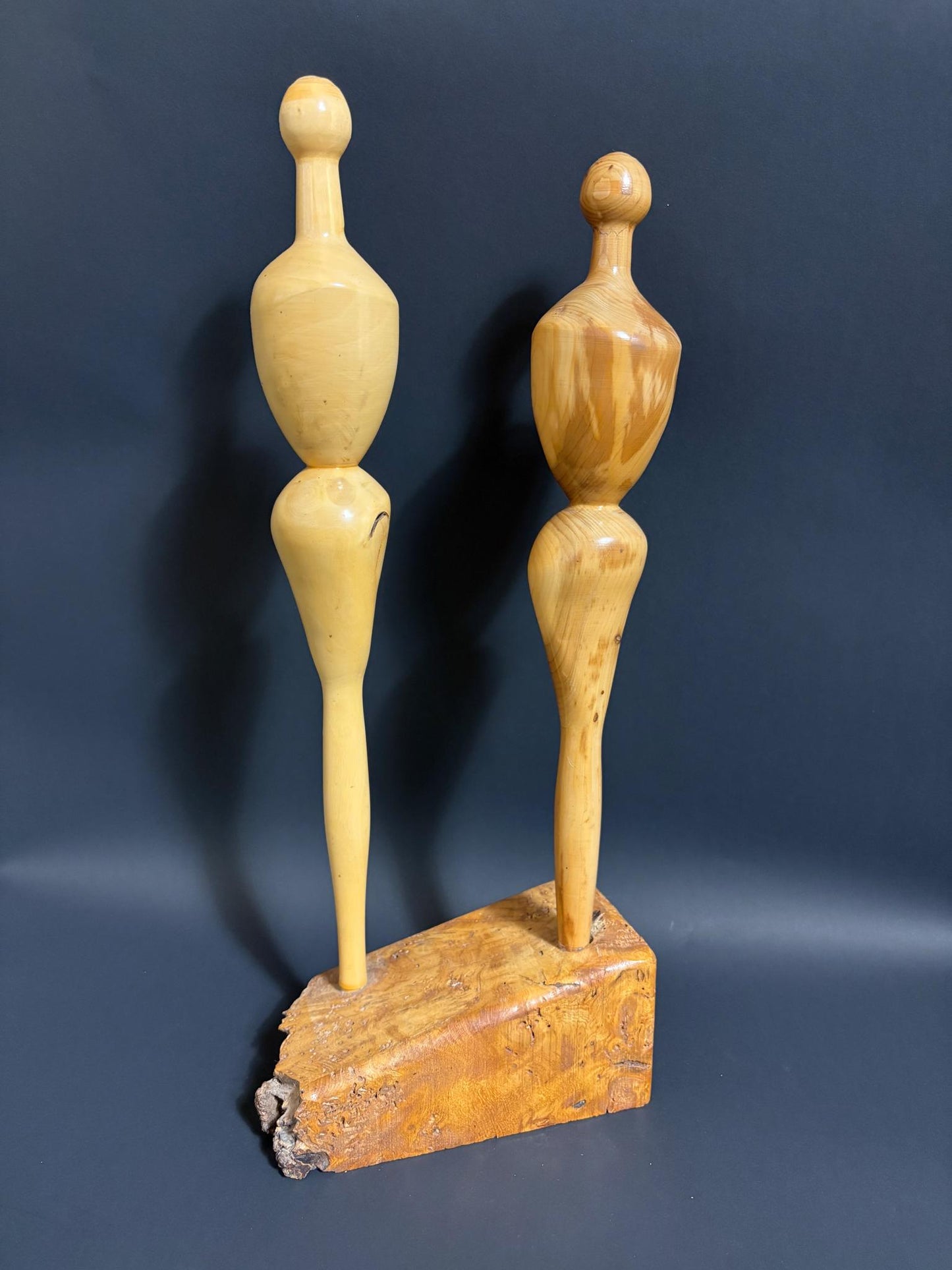 Scandinavian Turned Holly “Couple” on Burr Wood Base, c.1970s–90s