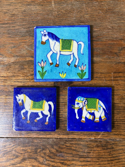 Set of 3 Hand-Painted Persian/Jaipur-Style Tiles – Horse & Elephant, Cobalt Ground