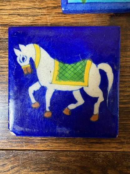 Set of 3 Hand-Painted Persian/Jaipur-Style Tiles – Horse & Elephant, Cobalt Ground