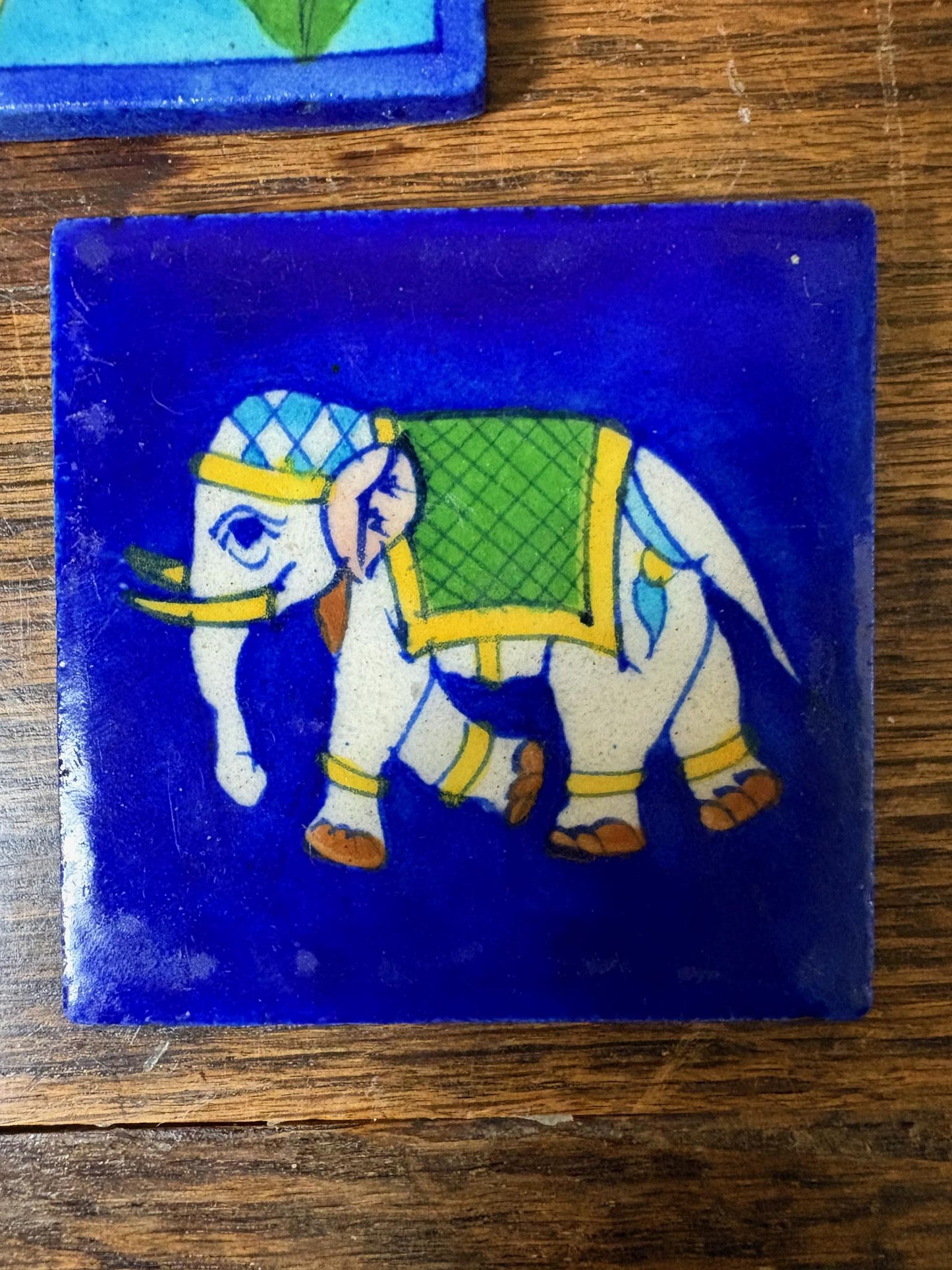 Set of 3 Hand-Painted Persian/Jaipur-Style Tiles – Horse & Elephant, Cobalt Ground