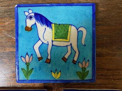 Set of 3 Hand-Painted Persian/Jaipur-Style Tiles – Horse & Elephant, Cobalt Ground