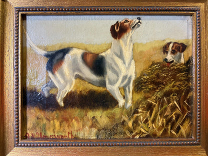 English School Sporting Oil – Foxhounds At Work, c. mid‑20th century, 20 x 14 cm