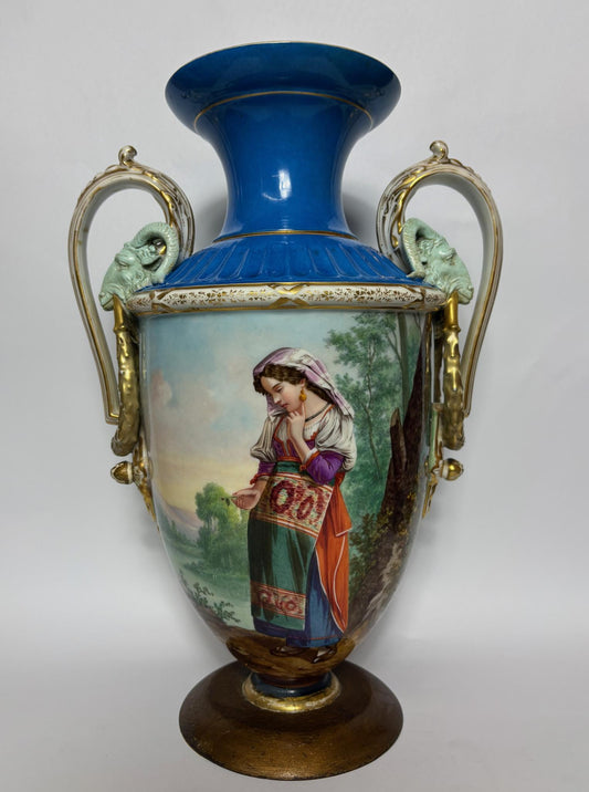 Large 19th‑Century Continental Sèvres‑Style Vase with Ram‑Mask Handles, Hand‑Painted Maiden Scene, 38 cm