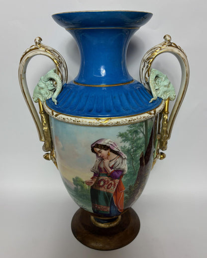 Large 19th‑Century Continental Sèvres‑Style Vase with Ram‑Mask Handles, Hand‑Painted Maiden Scene, 38 cm