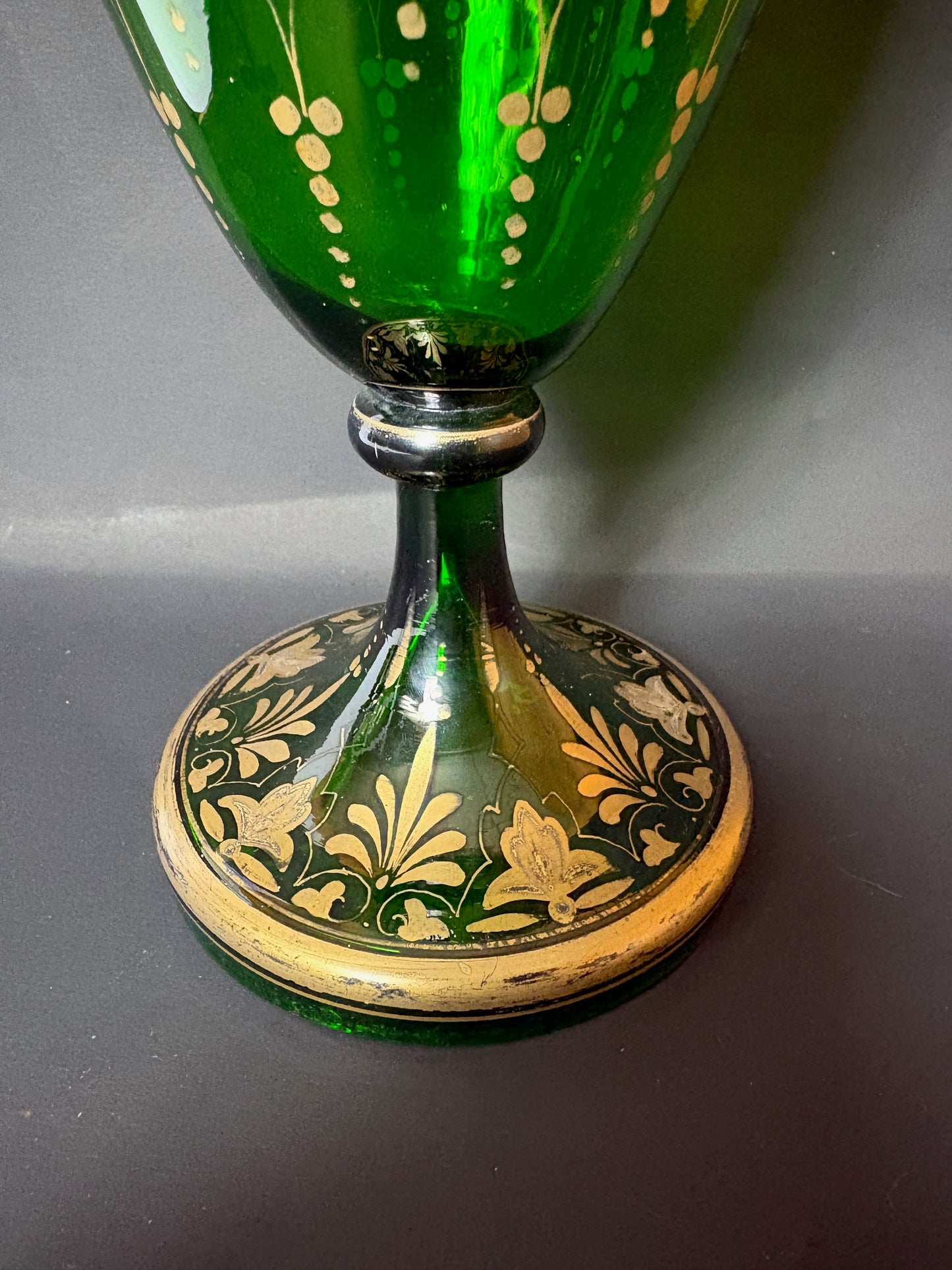 Late 19th‑Century Bohemian Gilt Green Glass Pedestal Vase, c.1880–1900, 32 cm