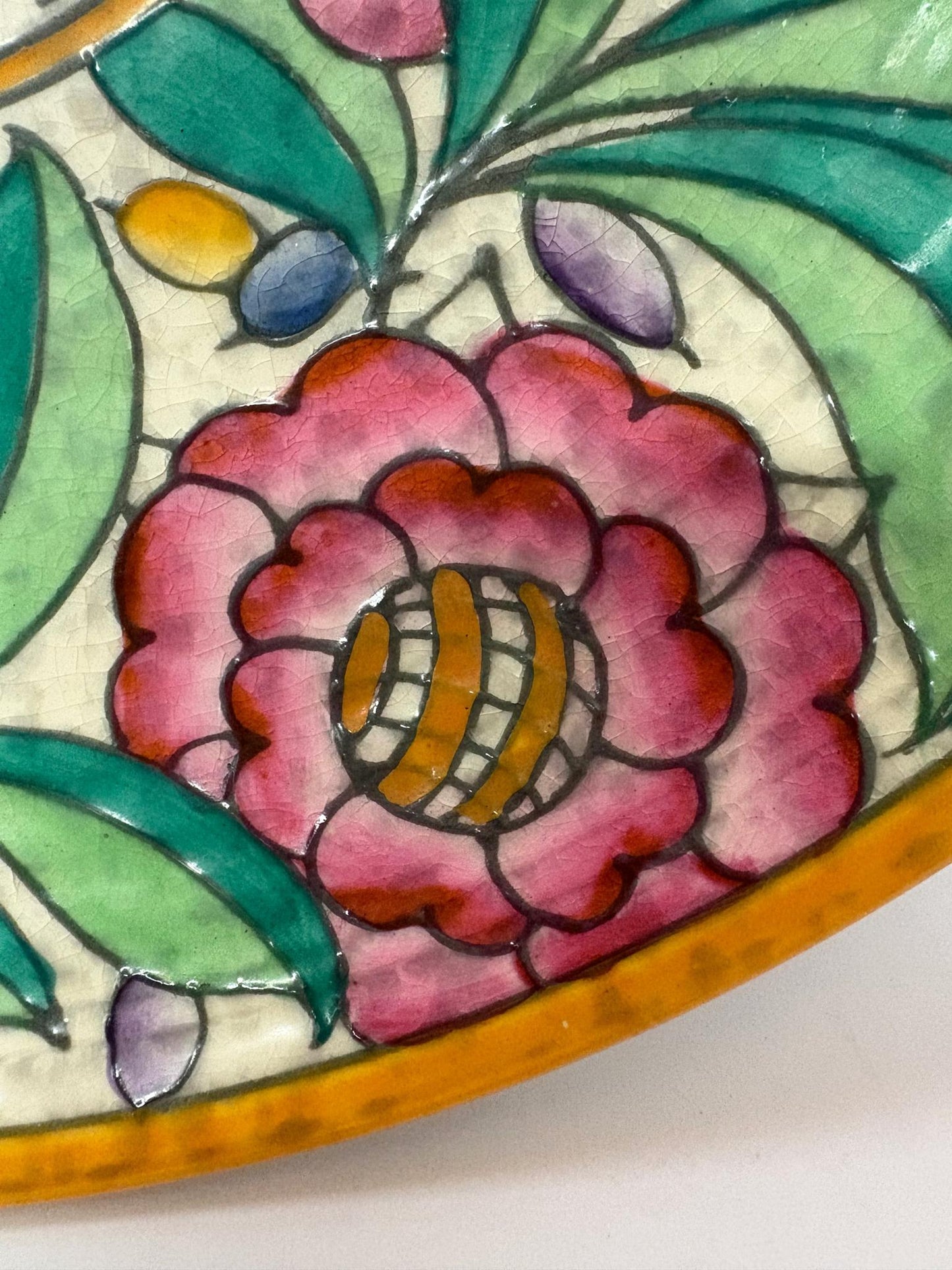 Charlotte Rhead for Crown Ducal “Persian Rose” Tube‑Lined Charger, c.1925–1929, 36 cm