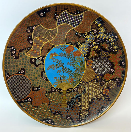 Meiji Japanese Cloisonné Wall Charger, Kyoto School, Chrysanthemums and Butterfly, 30.5cm