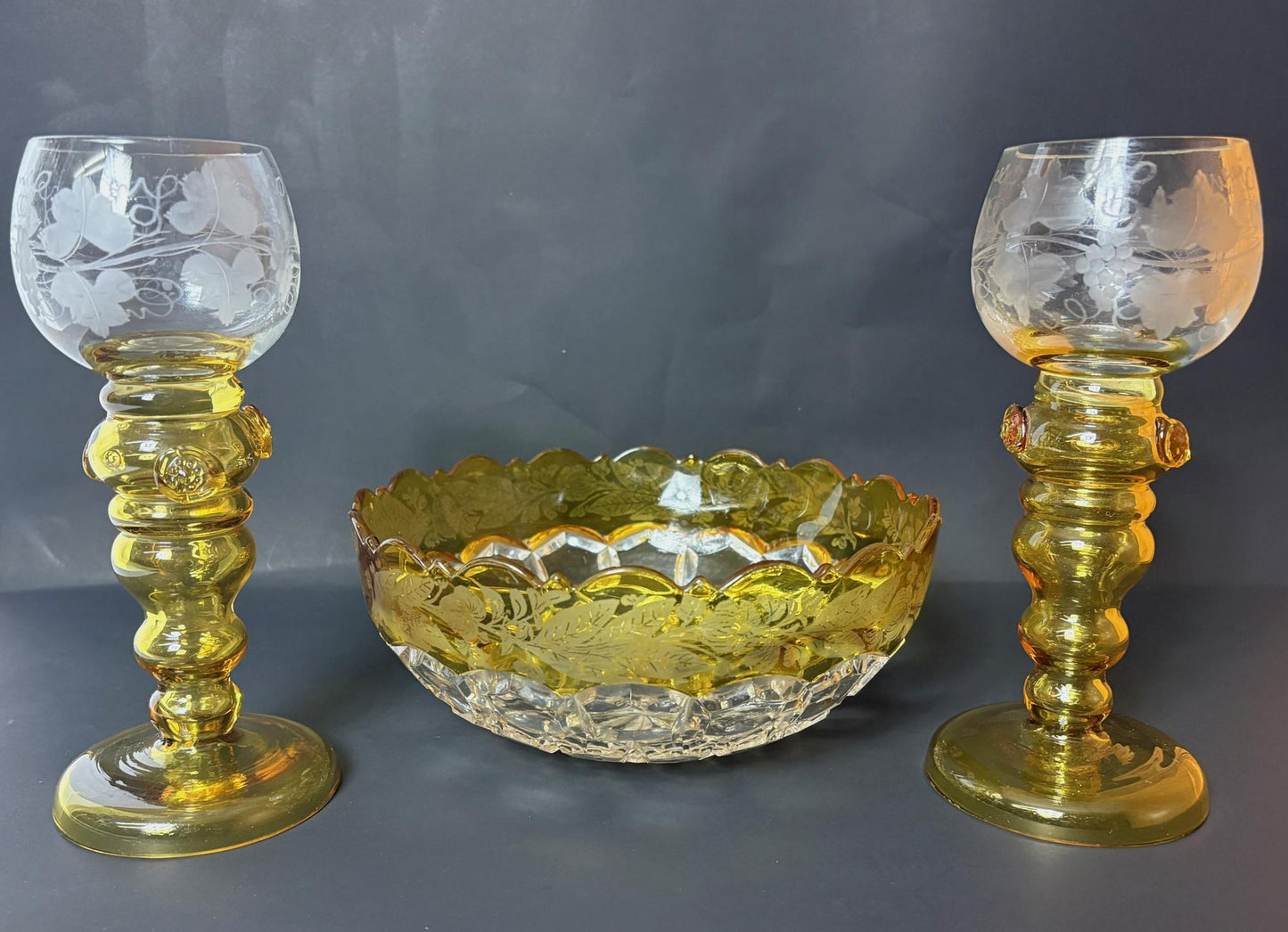 Early 20th Century Honeycomb Amber Glass Bowl & Roemer Wine Glass Pair – Etched Yellow Stem Vintage Table Set