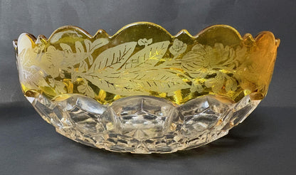 Early 20th Century Honeycomb Amber Glass Bowl & Roemer Wine Glass Pair – Etched Yellow Stem Vintage Table Set