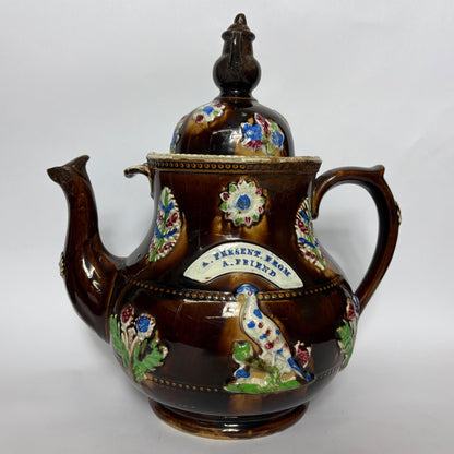 Large 19th Century Measham “A Present from a Friend” Bargeware Teapot, 31cm