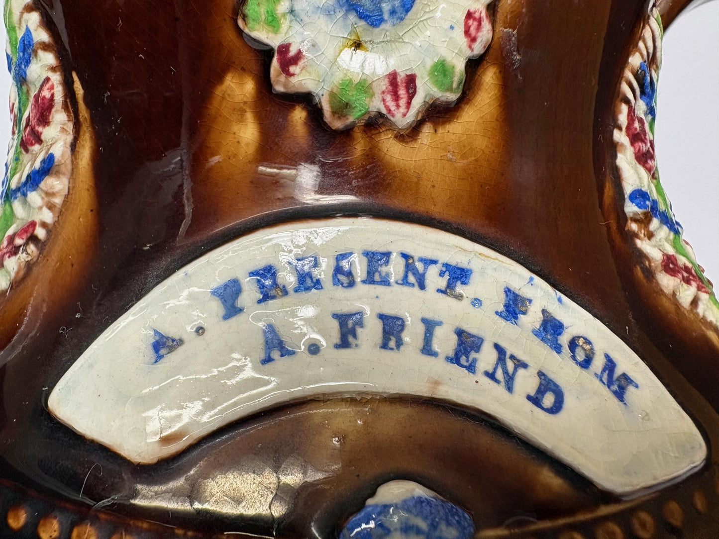 Large 19th Century Measham “A Present from a Friend” Bargeware Teapot, 31cm