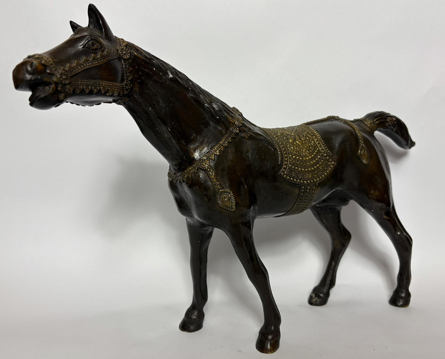 Vintage Indian Patinated Bronze Stallion, 38cm – Hand‑Cast Equestrian Sculpture