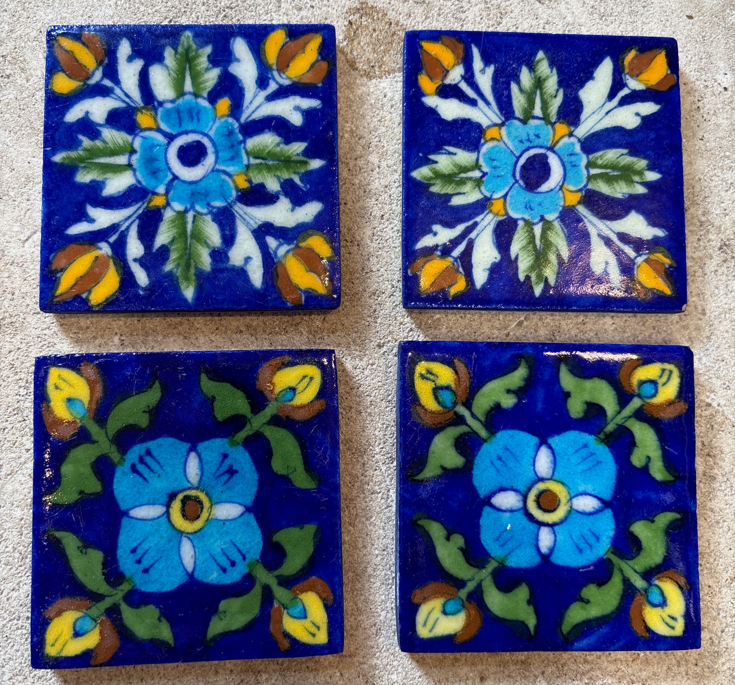 Set of 4 Hand-Painted Persian/Jaipur-Style Floral Tiles – Cobalt Ground